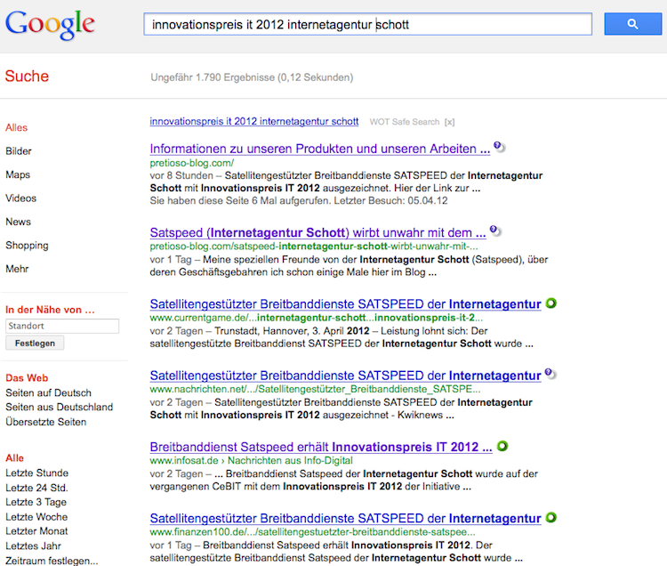 Aktuelles Suchergebnis auf google.de für "innovationspreis it 2012 internetagentur schott"